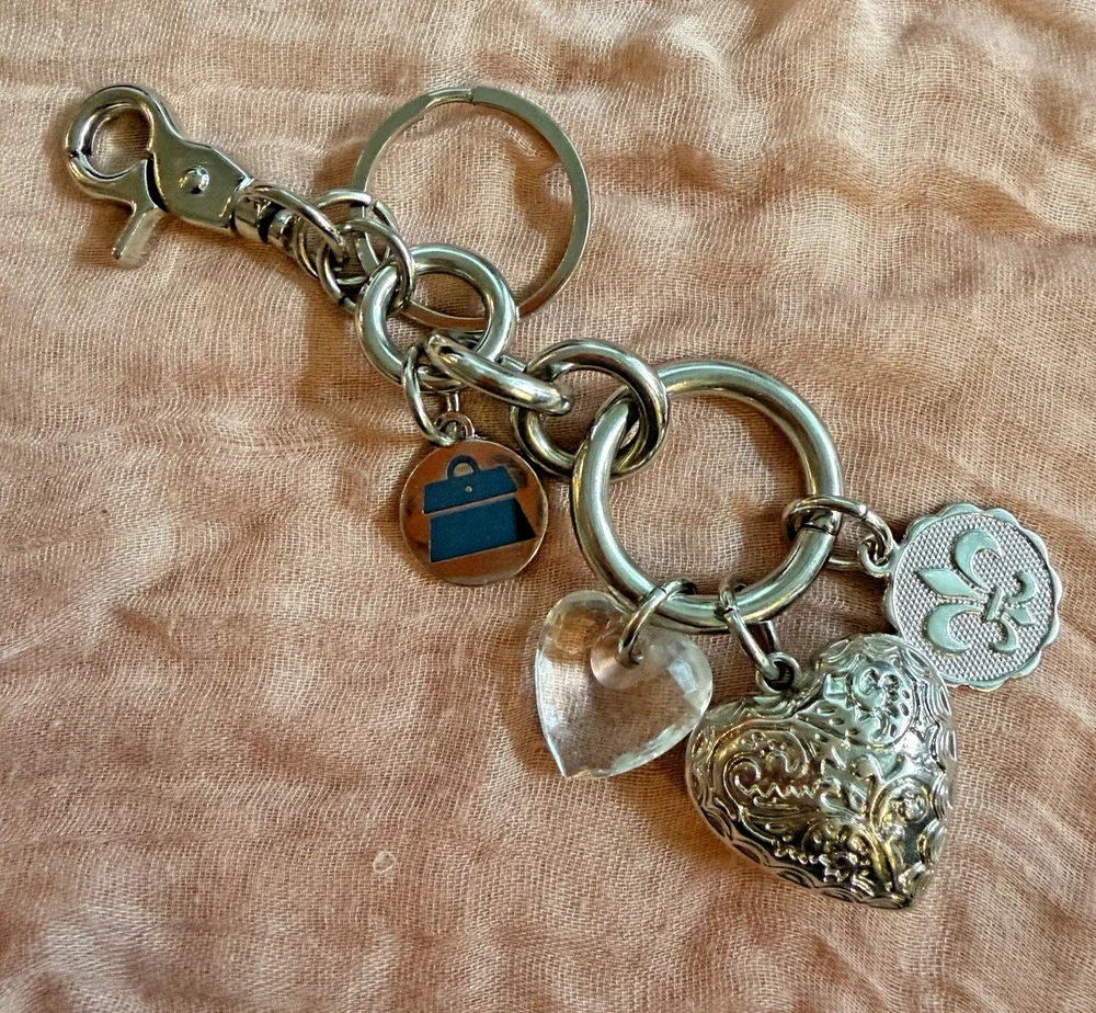 Vintage Kathy Van Zeeland Charm Keychain Silver Tone Heart Crystal 6” Long